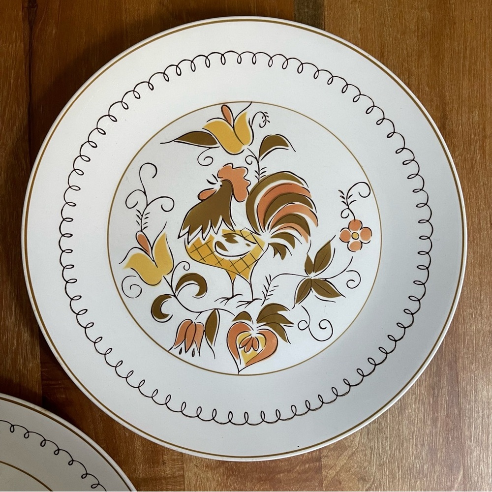 Vintage MCM Mikasa Cera-Stone Tamago 10.5" Dinner Plates Rooster Retro - Picture 3 of 7